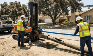 LSP Plumbing technicians using trenchless pipe bursting equipment in Thousand Oaks, CA.