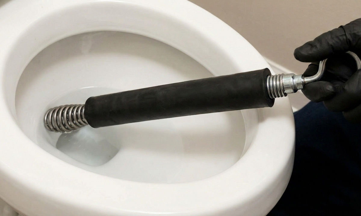 A specialized closet auger tool designed for toilets, featuring a rigid shaft and a protective rubber sleeve to prevent scratching the porcelain bowl.