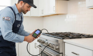 LSP Plumbing technician using a digital combustible gas sniffer to check a stove connection.