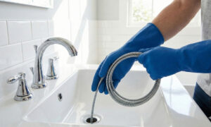 A person wearing protective rubber gloves using a manual plumbing snake to clear a clogged bathroom sink drain.