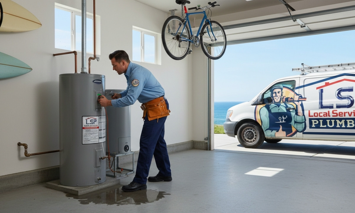 LSP Plumbing expert inspecting a noisy water heater in a Malibu garage.
