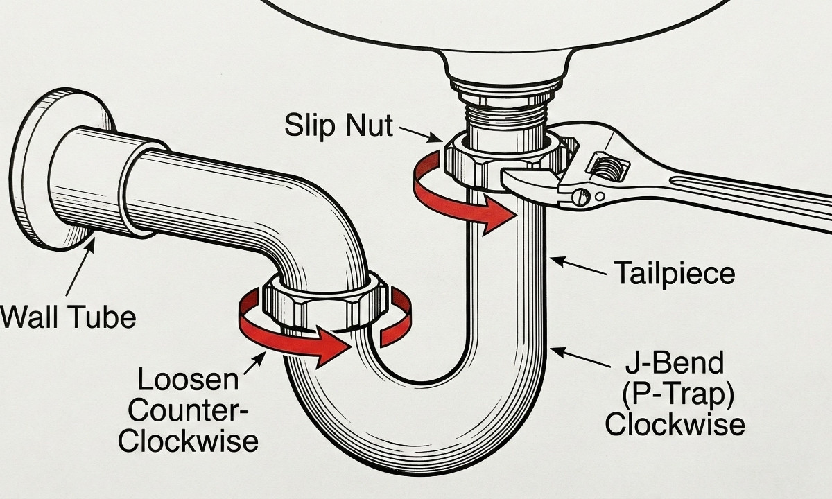 Instructional diagram demonstrating how to safely unscrew the slip nuts on a P-trap under a sink to remove the curved pipe section.