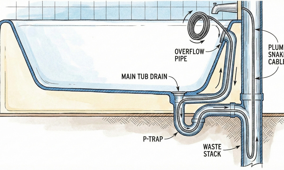 Cross-section diagram illustrating how a drain snake cable is correctly inserted through a bathtub's upper overflow opening to reach the drain trap.