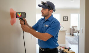 LSP Plumbing technician using a thermal camera to locate a hidden pipe leak in a Malibu residence.
