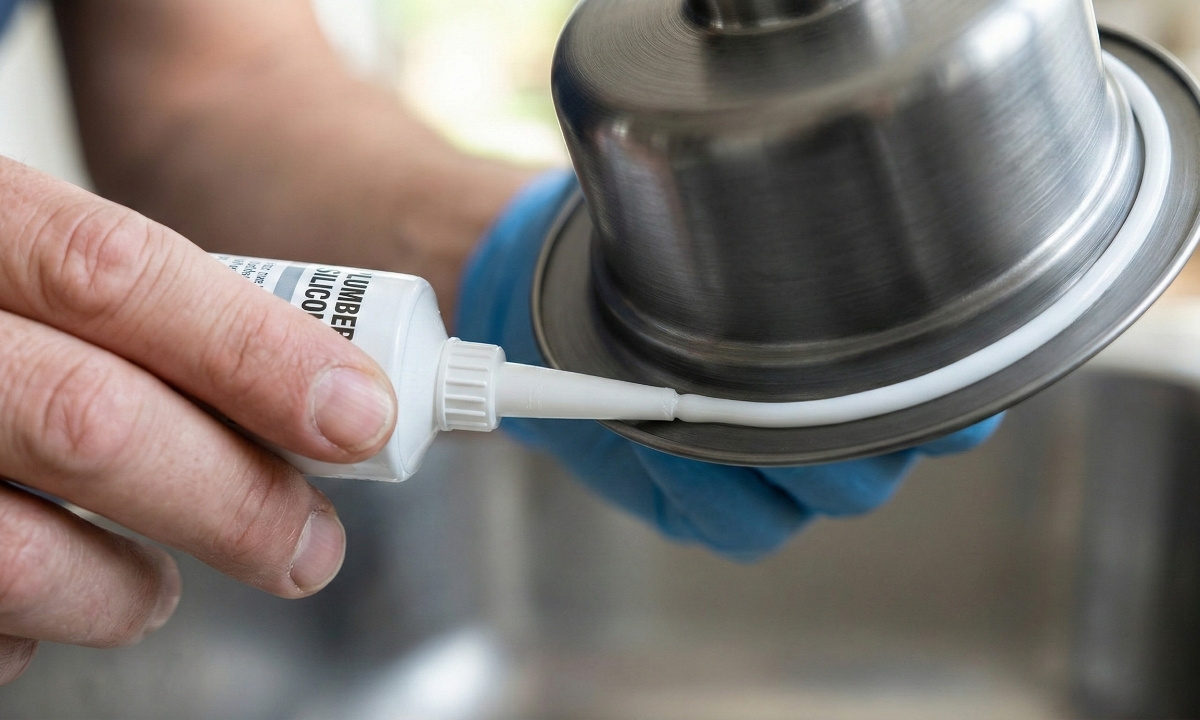 Close-up view of a hand applying a uniform rope of plumber's putty to the underside edge of a new stainless steel basket strainer flange.