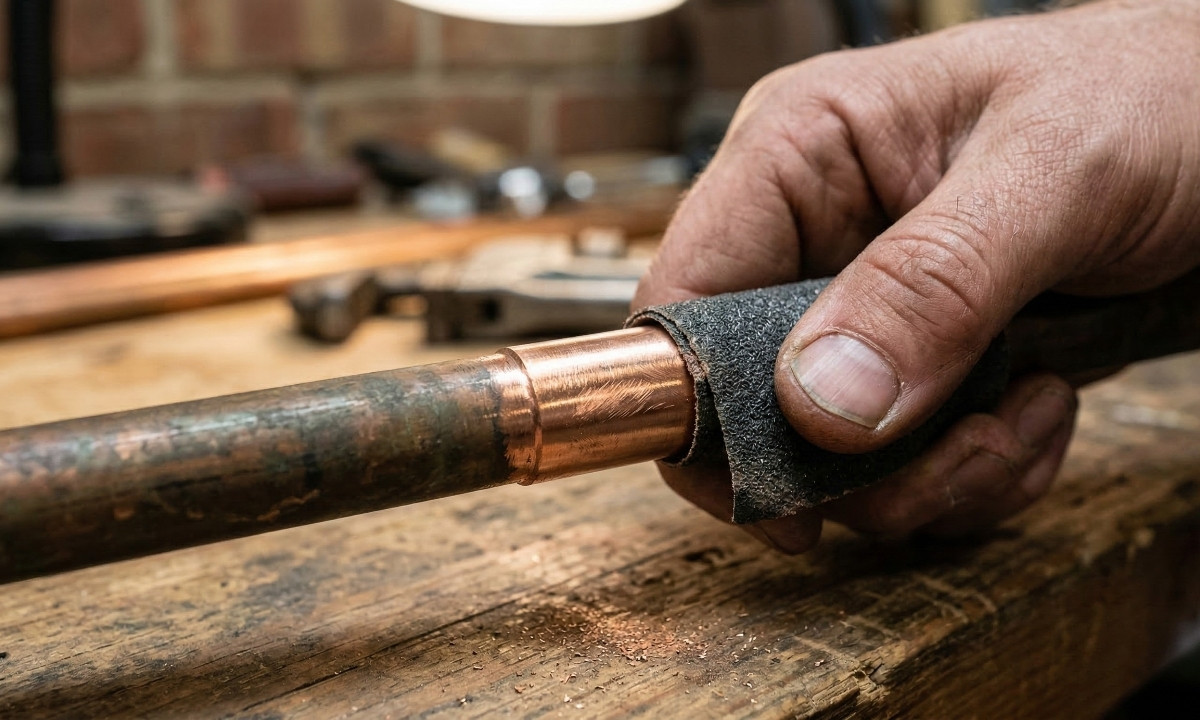 Cleaning the exterior of a cut copper pipe with emery cloth to remove oxidation before applying flux.