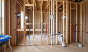 A complete 3D diagram showing a bathroom plumbing rough-in with color-coded hot and cold PEX supply lines and PVC drain pipes.