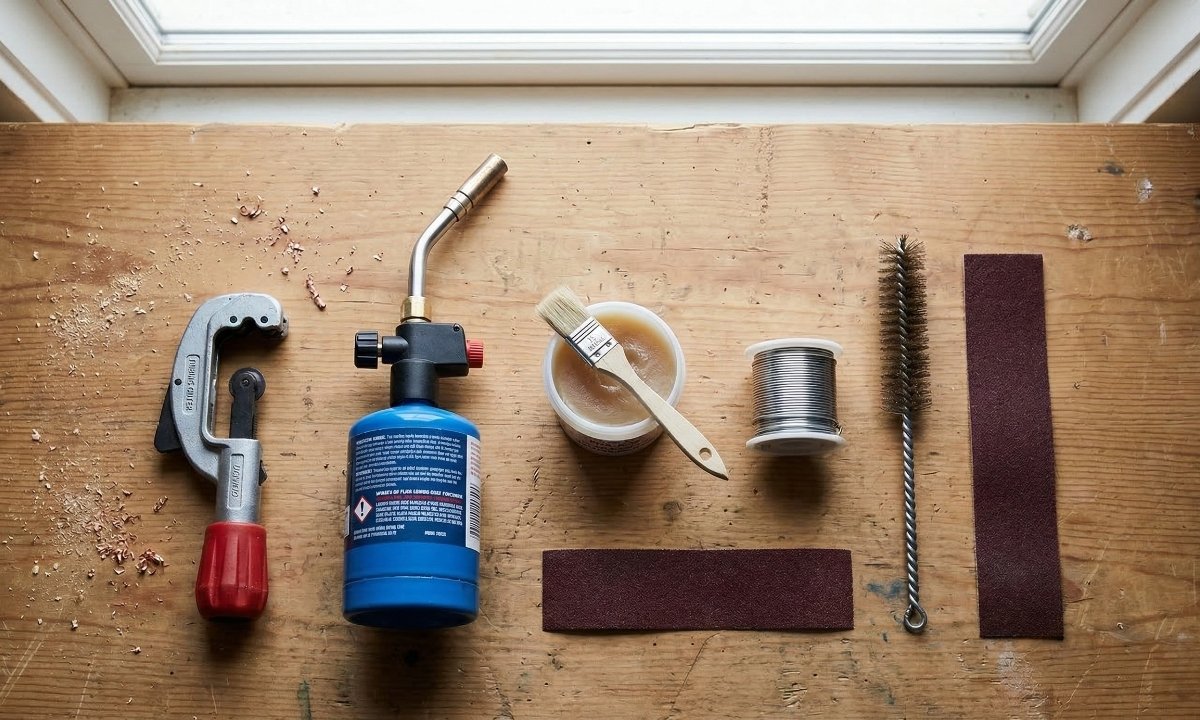 Essential plumbing tools for sweating copper pipe, including a tubing cutter, propane torch, flux paste, and solder wire.