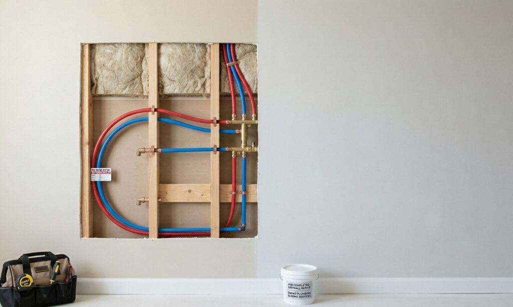 Open wall cavity with new PEX pipe installed next to freshly repaired drywall after a plumbing reroute