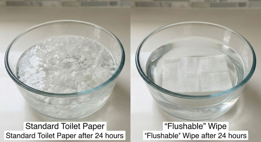 Side-by-side water bowls showing standard toilet paper dissolved into fragments compared to a flushable wipe remaining fully intact.