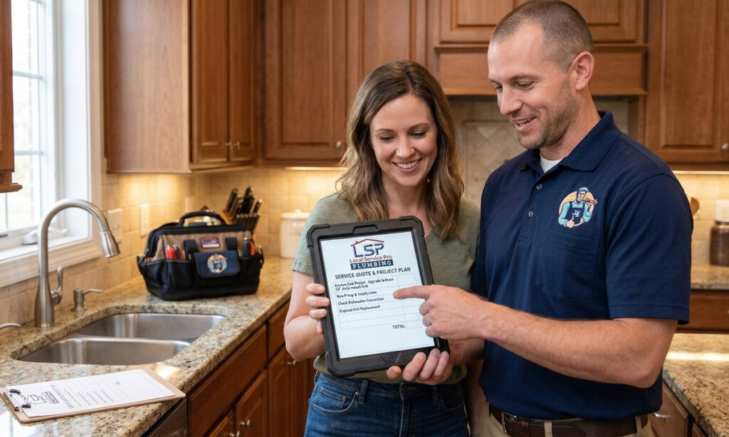 Homeowner and licensed plumber reviewing a plumbing reroute quote together in a kitchen
