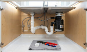 A clean, well-lit view of a successfully installed new white PVC P-trap drain assembly under a kitchen sink basin.