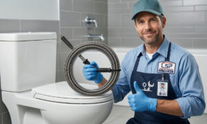 A person wearing rubber gloves holding a toilet auger next to a residential toilet bowl.