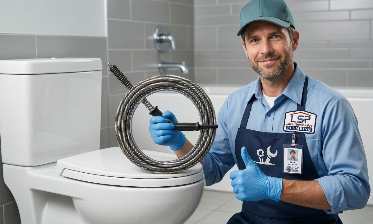 A person wearing rubber gloves holding a toilet auger next to a residential toilet bowl.