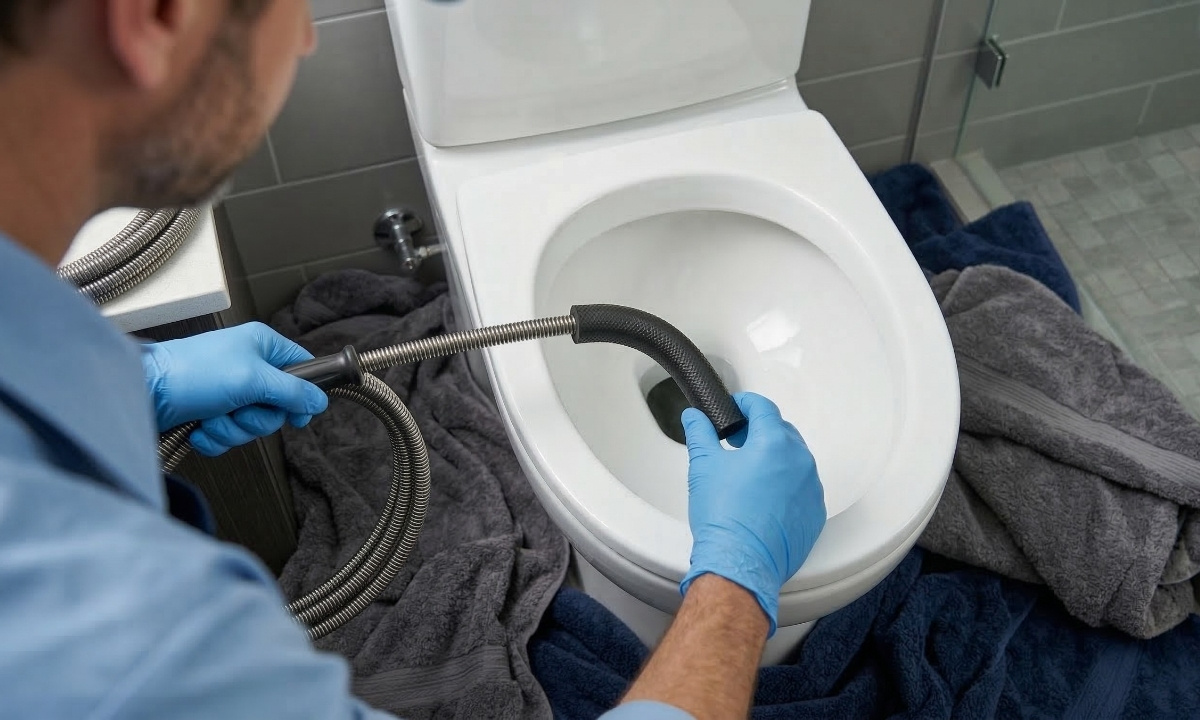 Gloved hands carefully feeding the curved tip of a plumbing snake into a toilet drain to clear a blockage.