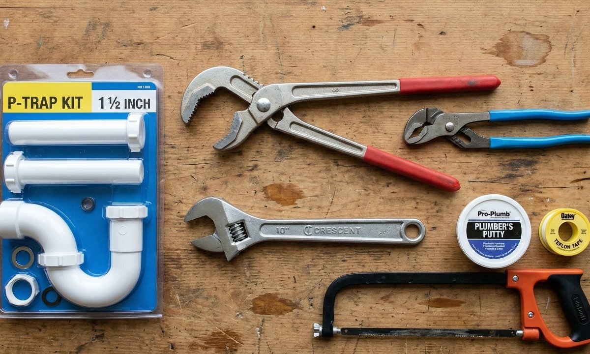 An organized top-down view of essential plumbing tools, including a basin wrench and channel-lock pliers, spread out on a cloth.