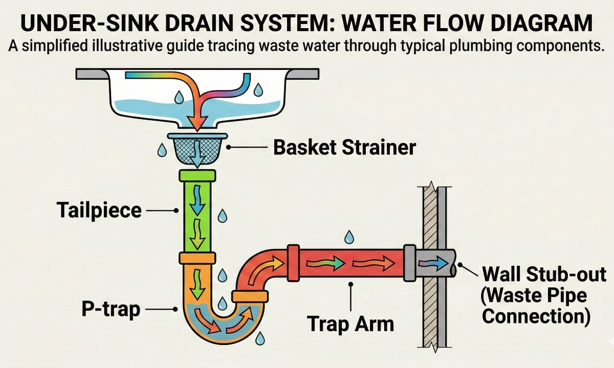 A simplified graphic diagram illustrating the flow of water through a labeled kitchen sink drain system, from strainer to wall.