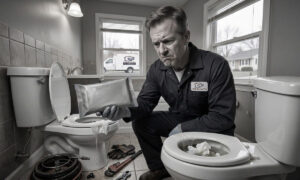 A Los Angeles plumber in uniform holds a package of flushable wipes next to a clogged residential toilet, demonstrating the plumbing risks.