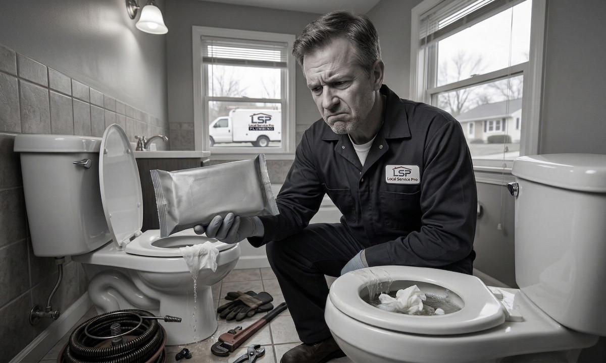 A Los Angeles plumber in uniform holds a package of flushable wipes next to a clogged residential toilet, demonstrating the plumbing risks.