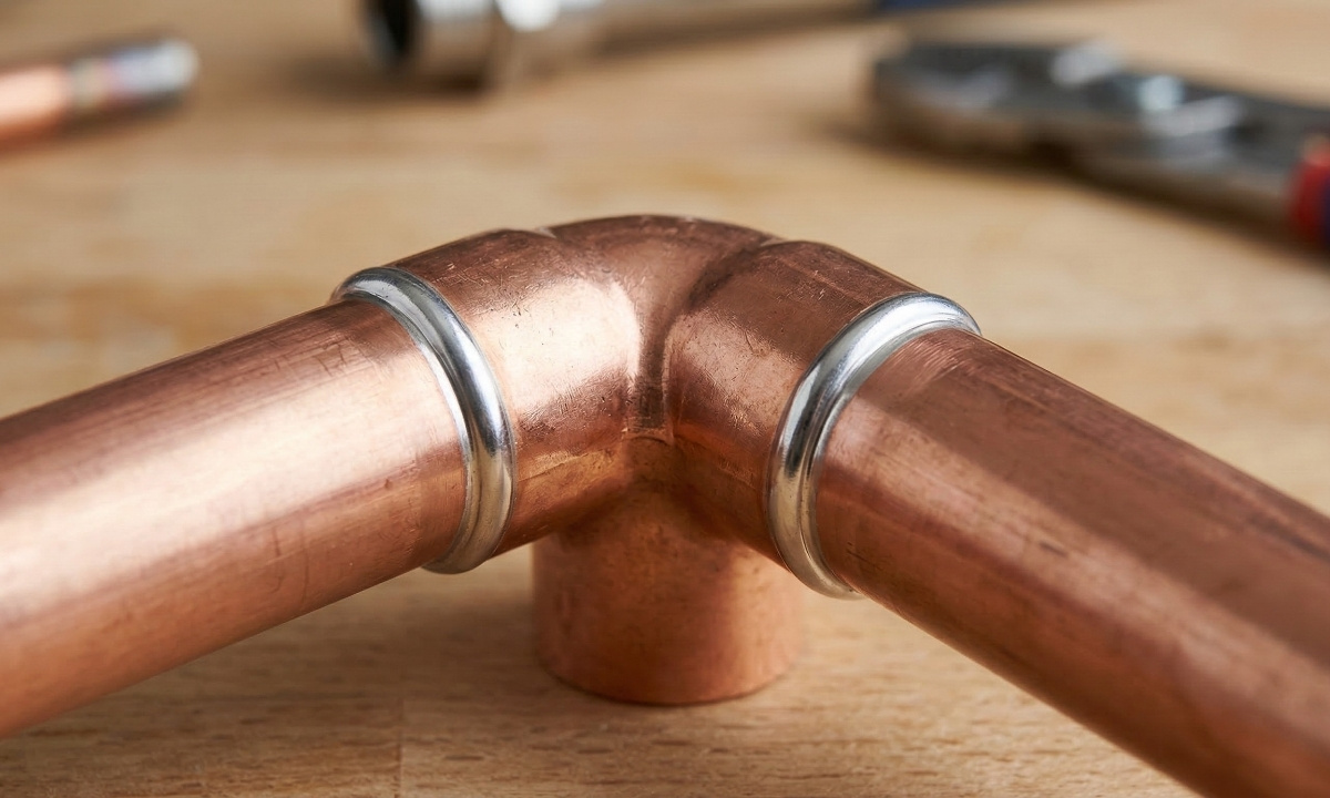 A perfectly sweated copper pipe joint showing a clean, continuous silver band of solder around the fitting socket with no burn marks.