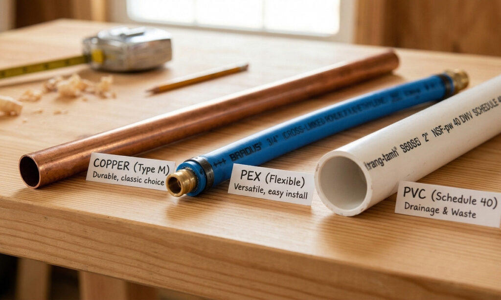 Comparison of PEX, copper, and PVC pipes commonly used in residential plumbing reroutes.