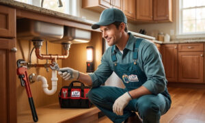Licensed plumber inspecting under-sink pipes during a kitchen plumbing reroute
