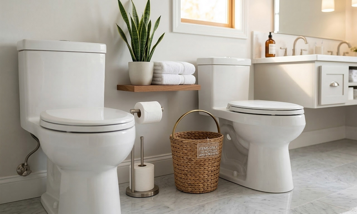 A tidy bathroom showing a closed toilet lid and a small trash bin placed nearby to prevent accidental drops and clogs.