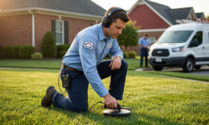Professional plumber using acoustic listening equipment to find a water leak under a residential lawn.