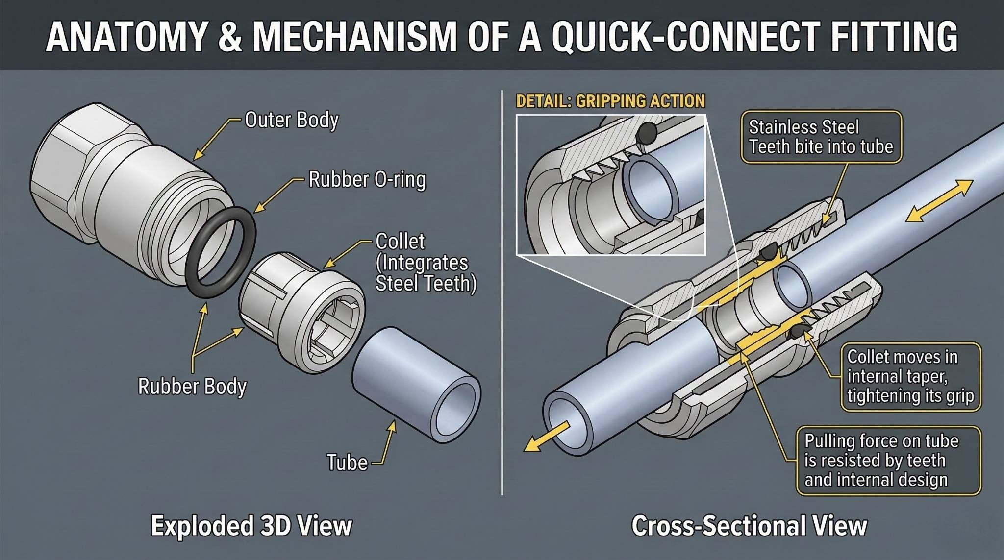 Cross-section diagram showing the internal components of a quick-connect plumbing fitting, including the body, collet teeth, and O-ring.