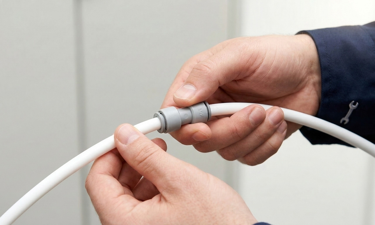 Hands safely disconnecting a white quick-connect plumbing fitting from a water line.