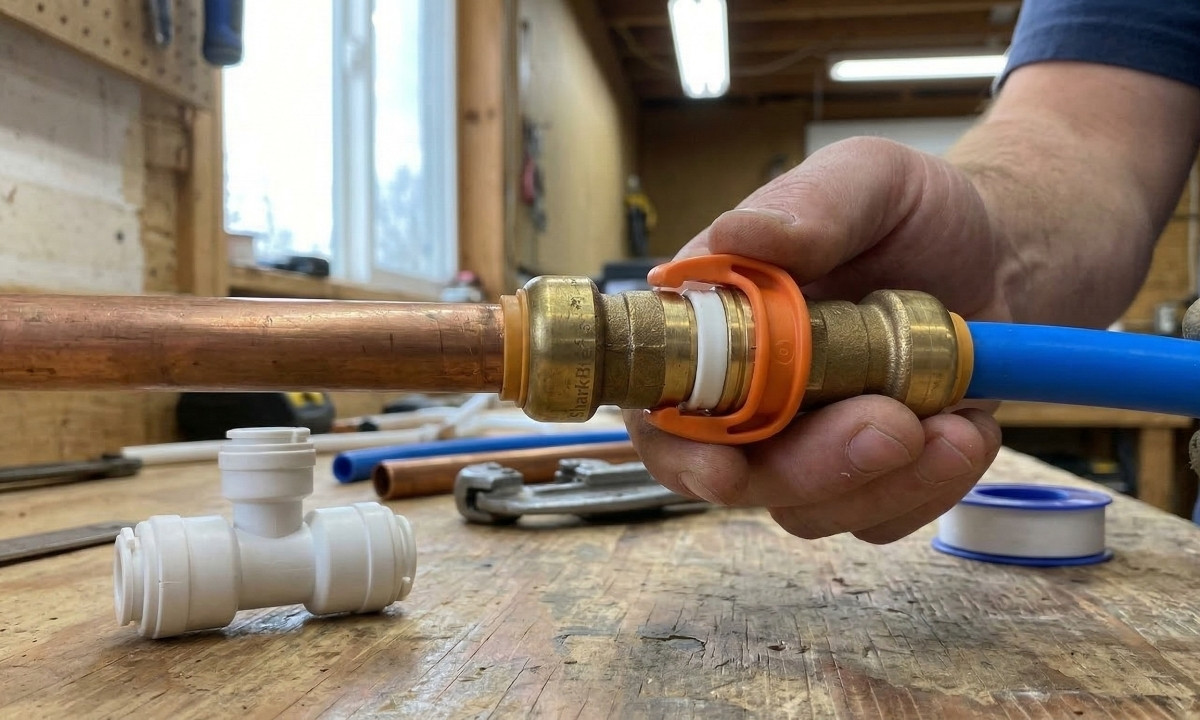 A person using an orange SharkBite disconnect clip to remove a brass push-to-connect fitting from a copper pipe.