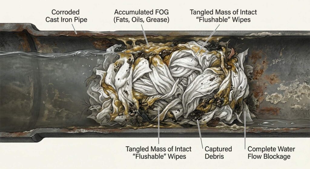 Cross-section view of a residential sewer pipe blocked by a thick, stubborn buildup of flushed wet wipes and household grease.