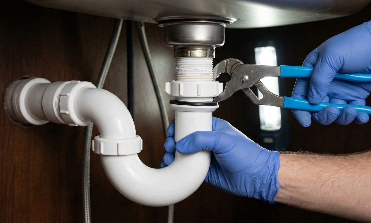 A detailed shot of a hand using channel-lock pliers to tighten the white plastic slip nut on a newly assembled P-trap.