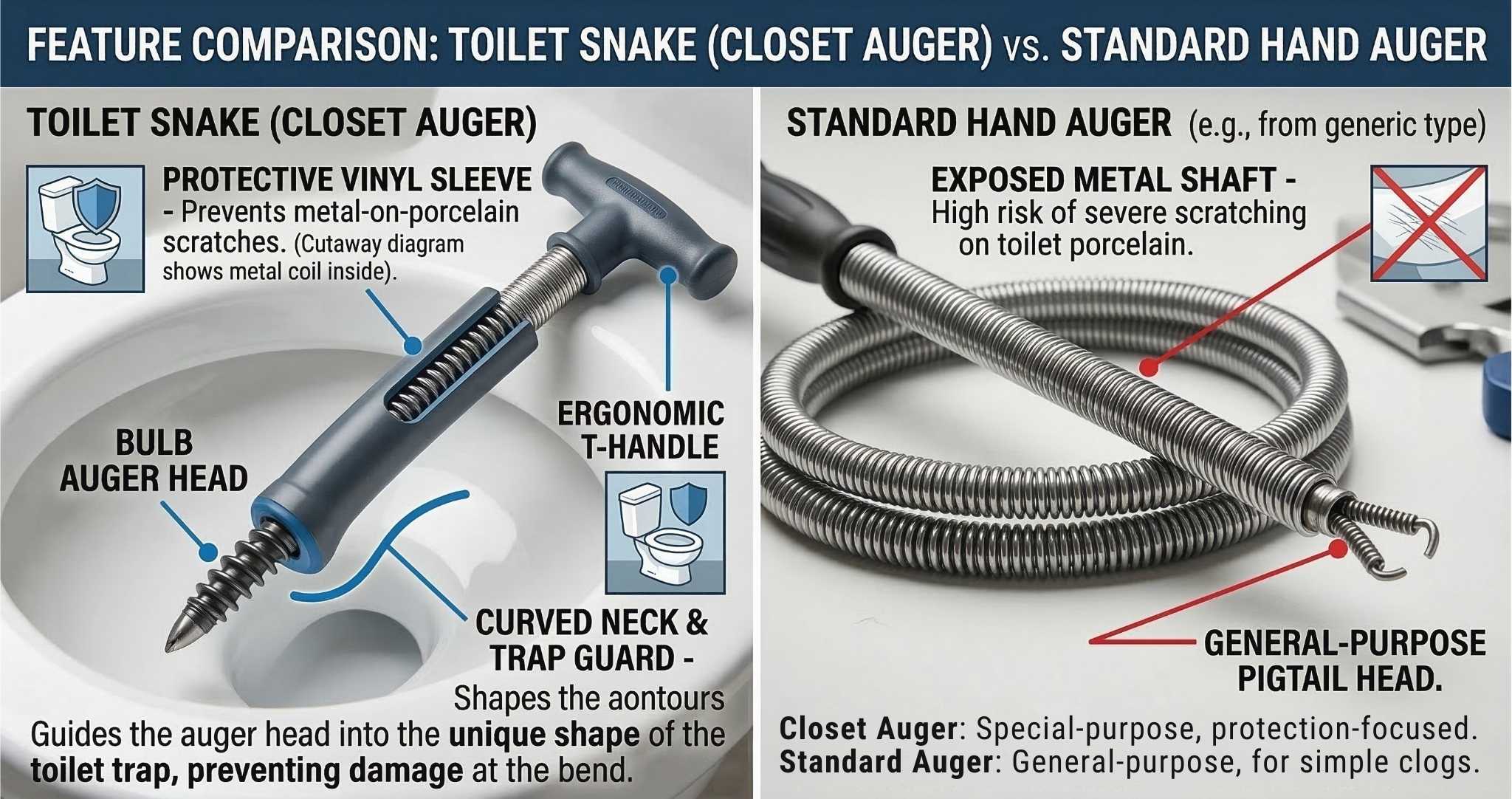 Close-up comparison showing the curved neck and protective rubber coating of a toilet auger versus a standard bare-metal drain snake.