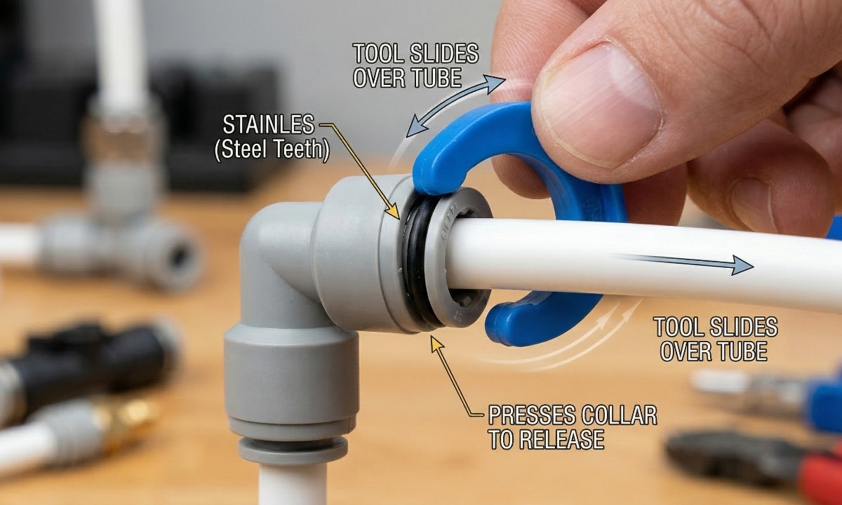 Close-up of a plastic collet release tool pressing evenly against a quick-connect fitting to release the tubing.