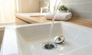 Clear water draining freely in a modern bathroom sink in Sherman Oaks — LSP Plumbing drain cleaning service