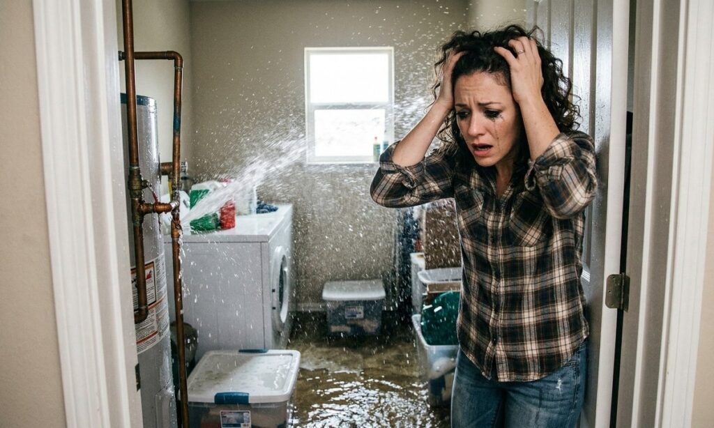 Homeowner discovering a burst pipe and water damage inside an Encino home requiring emergency plumbing repair