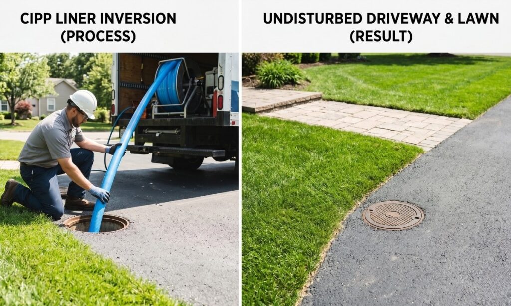 CIPP trenchless sewer pipe liner installation through a small access point with no yard excavation in Los Angeles