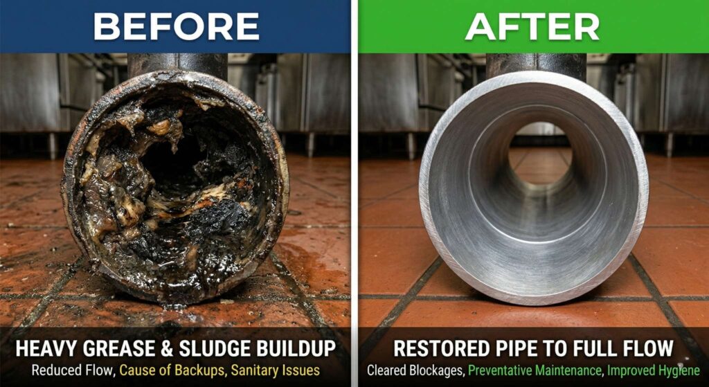 Before and after comparison of a clogged grease-filled commercial drain line versus a clean pipe after professional hydro jetting service