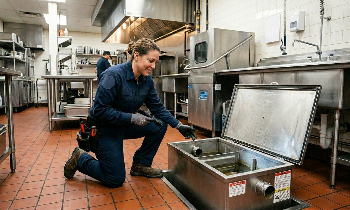 Licensed LSP plumber inspecting a commercial grease trap installation in a Sherman Oaks restaurant kitchen