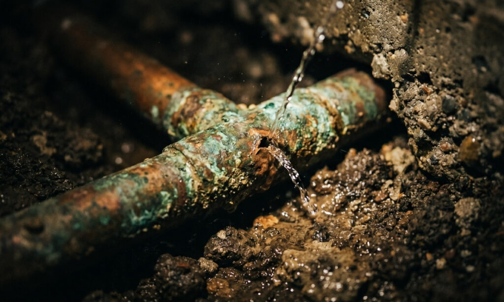 Corroded copper pipe with a pinhole slab leak beneath a concrete foundation in Woodland Hills