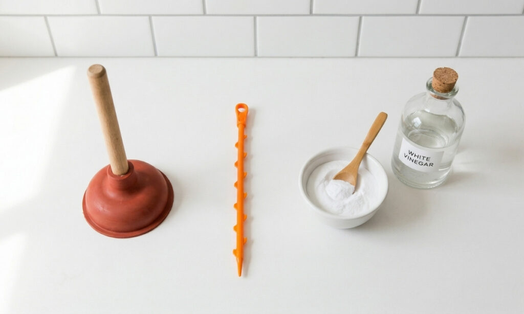 DIY bathroom drain unclogging tools including a plunger, plastic drain snake, and baking soda — safe chemical-free methods recommended by LSP Plumbing
