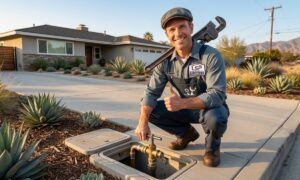 LSP Plumbing technician shutting off a main water line valve at a curbside utility box in Encino, CA