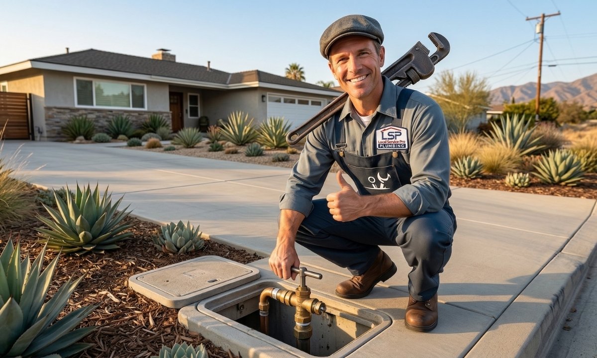 LSP Plumbing technician shutting off a main water line valve at a curbside utility box in Encino, CA