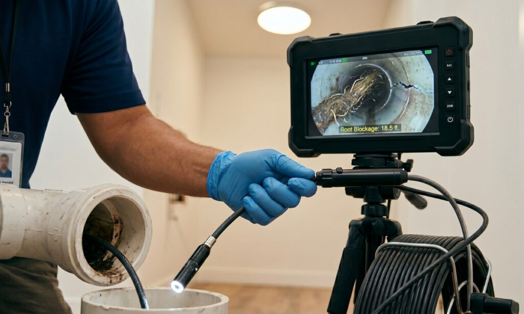 LSP Plumbing technician using fiber optic camera inspection to diagnose pipe condition in a Los Angeles home