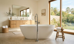 Licensed plumber installing a freestanding soaking tub in an Encino bathroom — LSP Plumbing