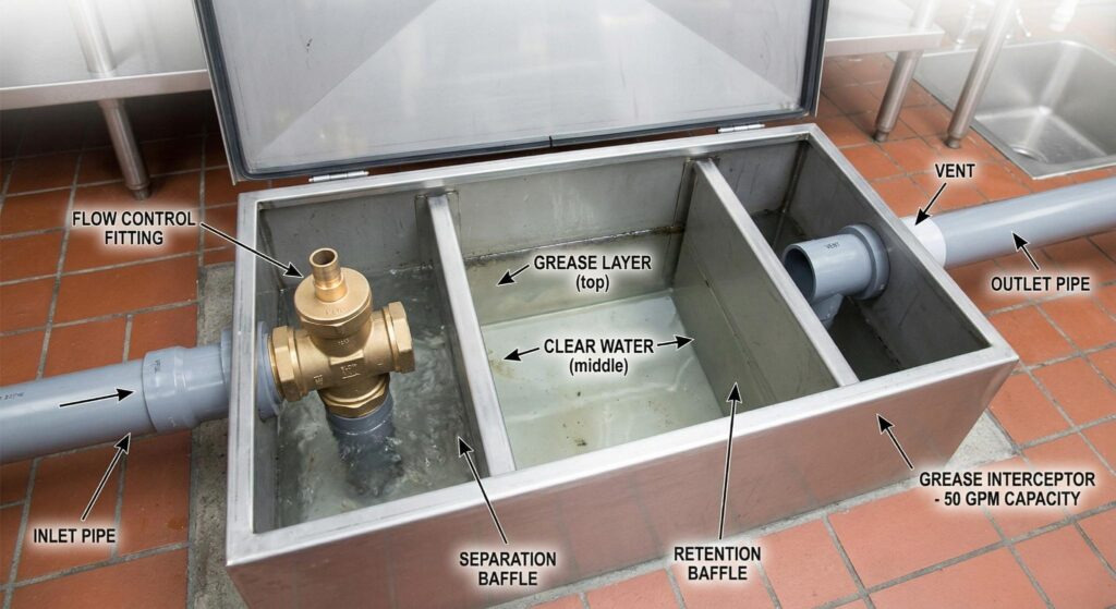 Close-up of a commercial grease interceptor showing properly connected inlet and outlet pipes with flow control fitting