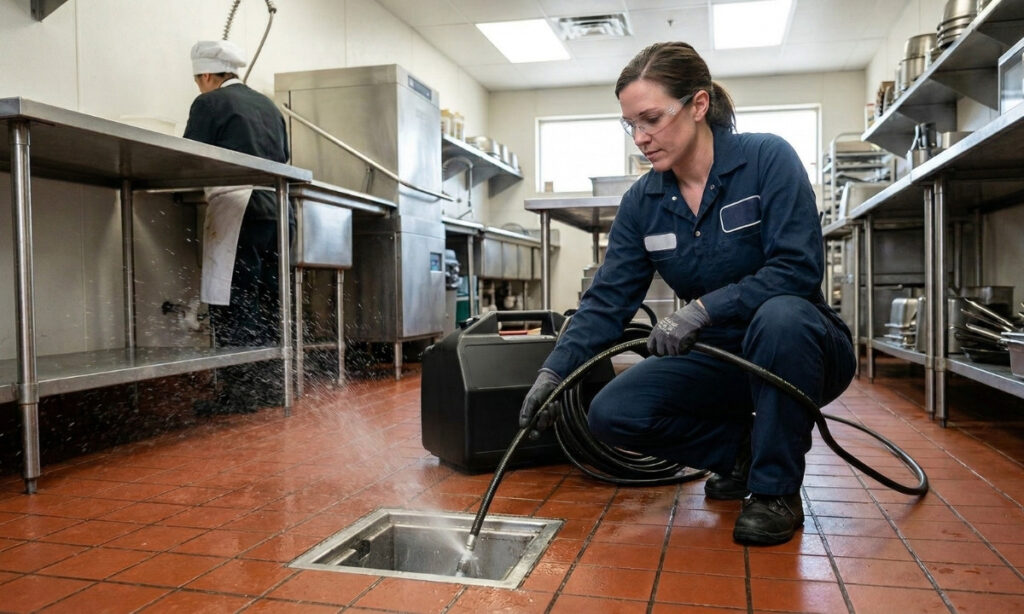 LSP Plumbing technician using hydro jetting to clear grease buildup from commercial kitchen drain lines in Sherman Oaks