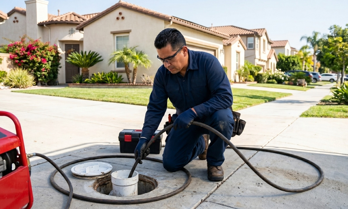 LSP Plumbing technician performing hydrojetting service at a residential cleanout in Los Angeles