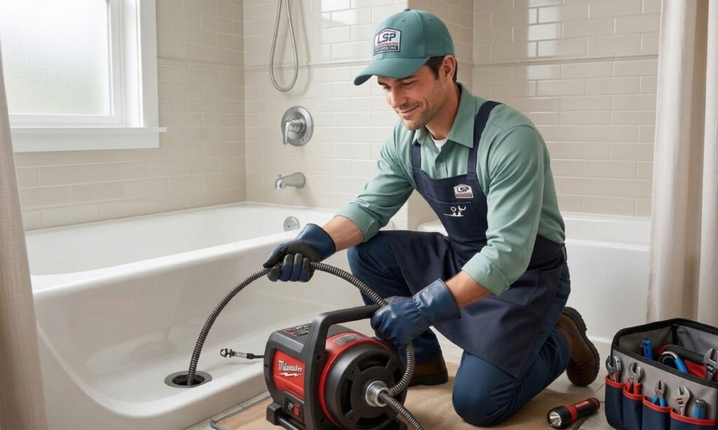 Licensed LSP Plumbing technician using a drain snake to clear a bathroom tub clog in Sherman Oaks, CA